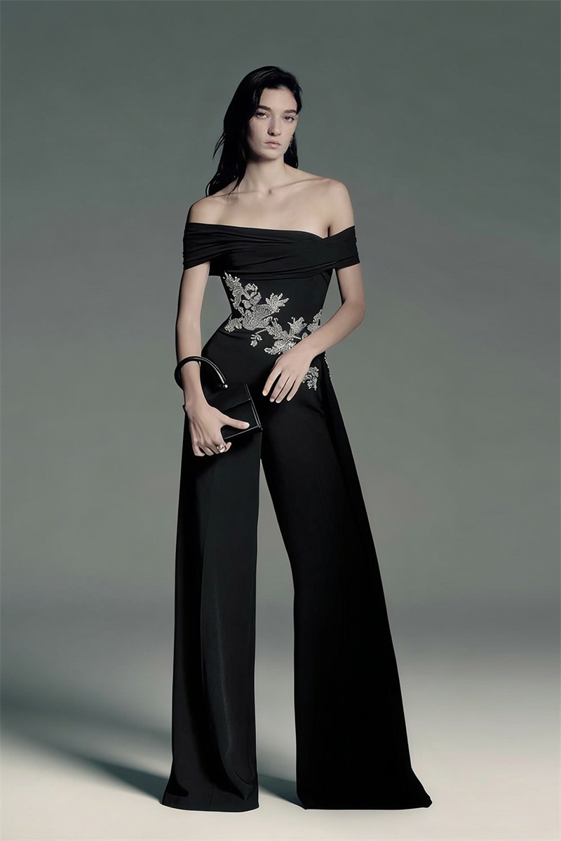 Women'S Formal Jumpsuit Evening Wear - Schwarzer Kristall-Damen-Overall, sexy, schulterfrei, kurze Ärmel,
