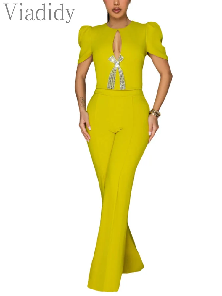 Women'S Formal Jumpsuit Evening Wear - Damen Abendkleidung Einfarbiger Kurzarm-Rundhals-Jumpsuit mit Weitem