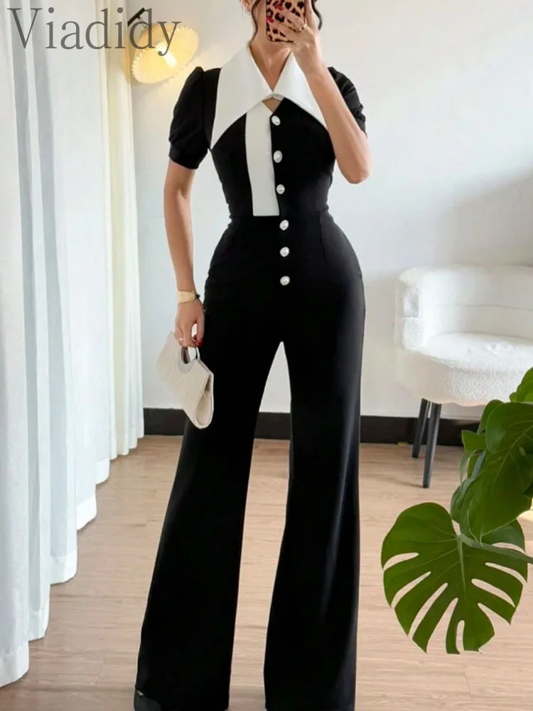 Women'S Formal Jumpsuit Evening Wear - Eleganter Damen-Jumpsuit mit Farbblock-Design, Reverskragen, Knopfleiste,