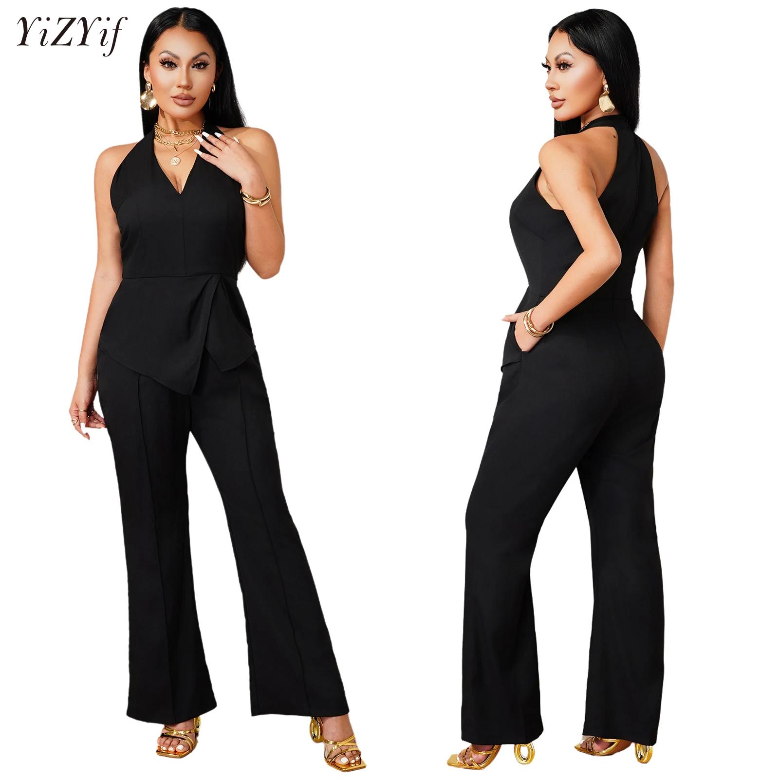 Women'S Formal Jumpsuit Evening Wear - Ärmelloser Jumpsuit mit V-Ausschnitt, asymmetrischer Drapierung,