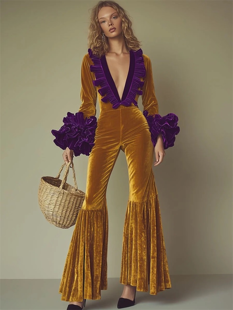 Women'S Formal Jumpsuit Evening Wear - Gelb-Lila Samt-Jumpsuit für Damen, Sexy V-Ausschnitt,