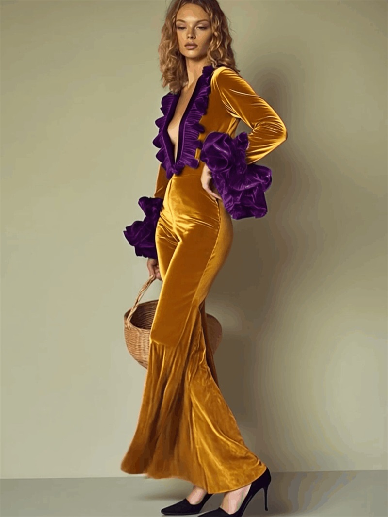Gelb-Lila Samt-Jumpsuit für Da – Women'S Formal Jumpsuit Evening Wear Bewertung und Preis